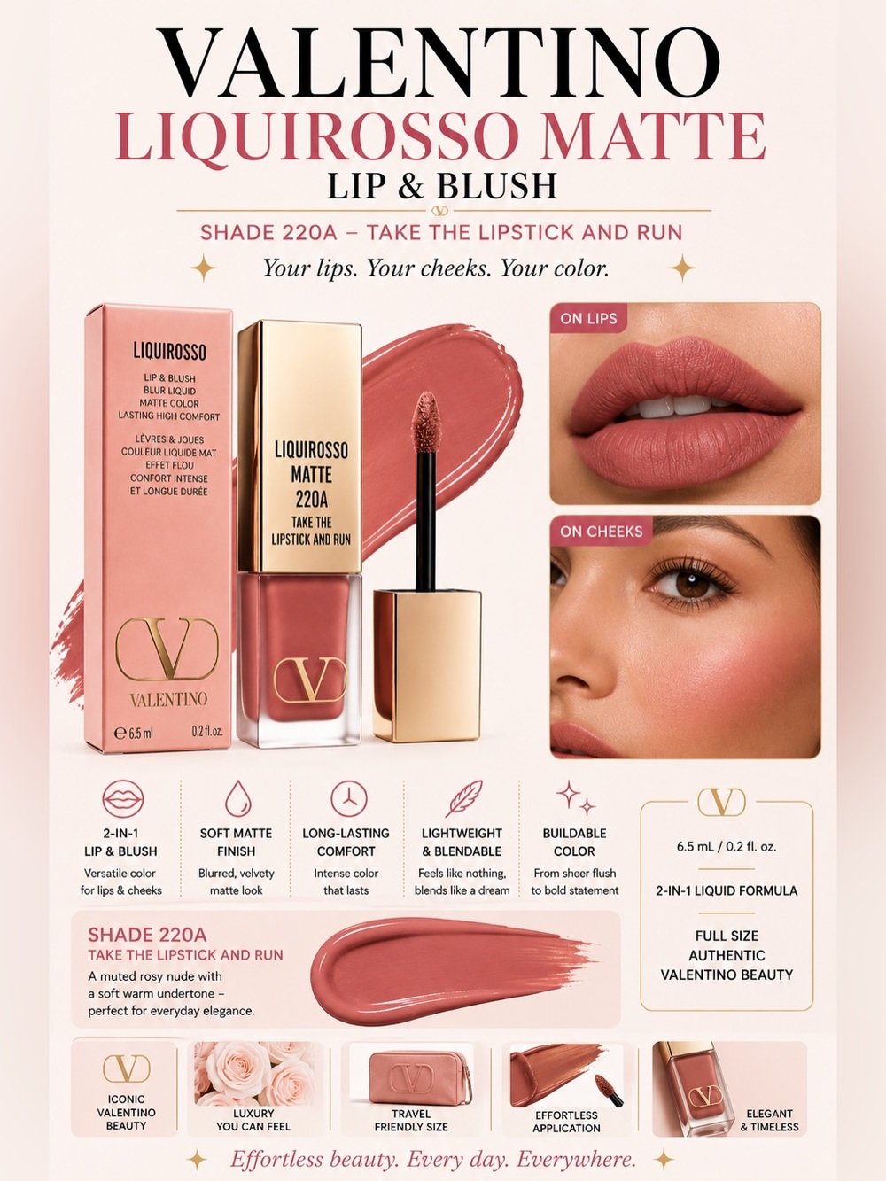 Valentino Liquirrosso Matte Lip & Blush — Muted Rosy Nude